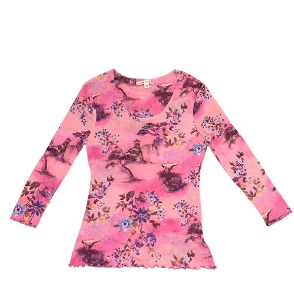 Y2K Victor Carlini Blouse Women M Pink Sheer Scalloped Hem Stretch 100% Nylon - Picture 1 of 4